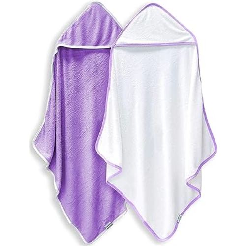 2 Pack Baby Bath Towel - Rayon Made from Bamboo, Ultra Soft Hooded Towels for Babies,Toddler,Infant - Newborn Essential -Perfect Baby Registry Gifts for Boy Girl (White and Violet, 30 x 30 Inch)
