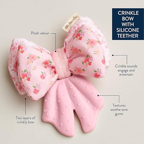 Itzy Ritzy Crinkle Teether Toy – Bow Teething Toy Includes Silicone, Velour & Crinkle Material; Features Multiple Textures for Teething Relief; Designed for Ages 3 Months and Up (Bow)