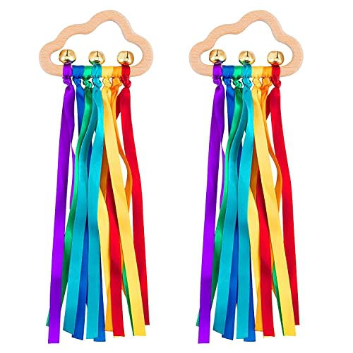 Baby Sensory Ribbon Ring Toys - 2Pcs Rainbow Ribbon Rattle Natural Wooden Ribbon Ring Molar Wood Circle Newborn Teether Sensory Montessori Toy for 6-12 Month Babies Toddler