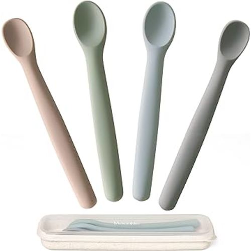 Moonkie Silicone Baby Spoons Set of 4, Two Sizes Feeding Spoon for First Stage 4+ Months, Baby Utensils with Case, Toddler Led Weaning Spoons, Bendable, Chewproof & Boil-proof