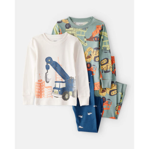 Toddler Boy Construction Print 100% Cotton Long-Sleeve 4-Piece Pajamas - Blue/Navy/White - Carter's | Carter's