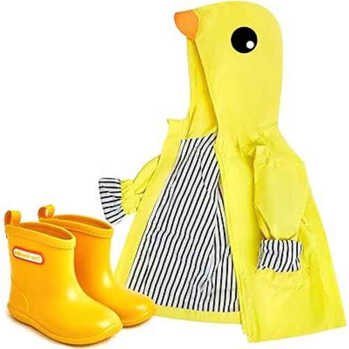 2 Pcs Toddler Raincoat Rain Boots Set Kids Girls Duck Cartoon Zipper Jacket Short Rain Shoes for Baby Boys