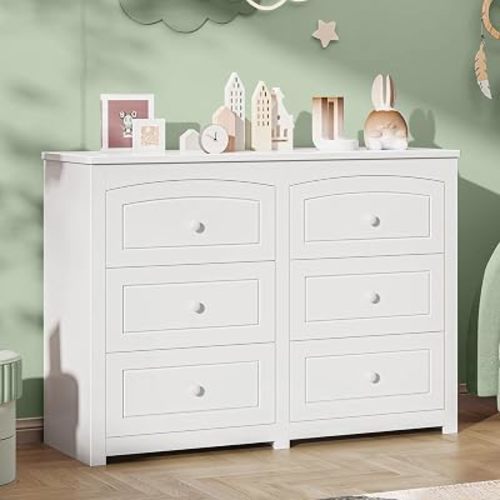 Vabches Kids Dresser Cabinet with 6 Drawers and Large Table Top, Multi-Functional Chest of Drawers, Baby Dresser, Kids Bedroom Furniture, Nightstand for Child’s Room, White