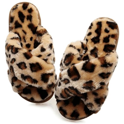 Crazy Lady Women's Fuzzy Fluffy House Slippers Cute Plush Memory Foam Shoes Cross Band Indoor Outdoor Open Toe Sandals