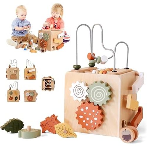 Montessori Baby Activity Cube for Toddlers: Large 5-in-1 Wooden Activity Center with Shape Sorter Bead Maze, Educational Abacus Learning Toy for Kids, Sorting & Stacking Board for Boys Girls