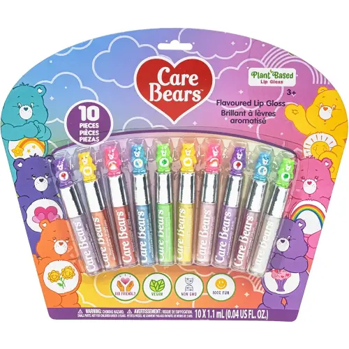 Care Bears 10 Piece Plant Based Lip Gloss, Girls Party Favors, First Makeup Set for Girl, Perfect for Parties, Sleepovers, and Birthday Gifts, Ages 3+, by Townley Girl