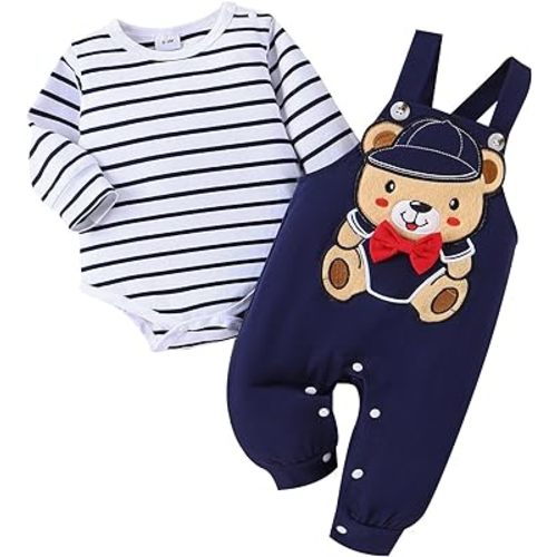 Baby Boy Clothes Newborn Outfits Fall Winter Striped Romper Infant Cartoon Overall Adjustable Suspender Pants Set
