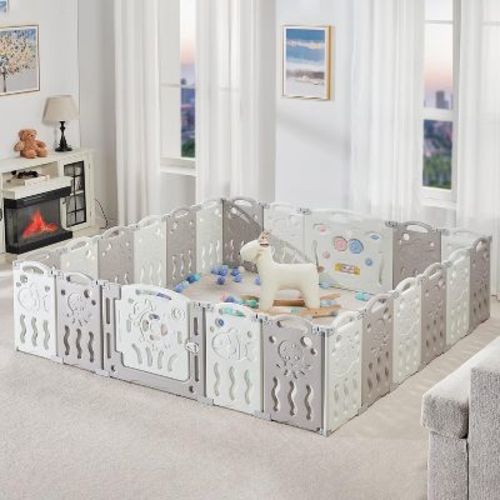 AMERLIFE Baby Playpen, Upgraded Portable Foldable Baby Fence with Game Panel and Safety Gate
