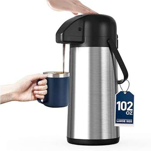 Coffee Carafe for Keeping Hot - 102OZ / 3L Airpot Coffee Dispenser with Pump - Large Coffee Thermos for Hot Drinks Tea Liquid - Insulated Stainless Steel Hot Water Beverage Dispenser Urn for Parties
