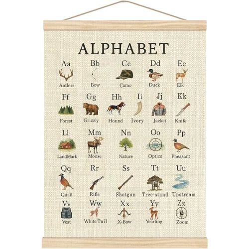 Boat Wades Hunting Alphabet Nursery Wall Art Poster Hanger Frame, Forest Nursery Decor, Educational Alphabet Hunting Hanging Wall Decor for Toddler Boys Bedroom Playroom Classroom, 12x16 Inch