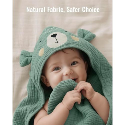 Blissful Diary Muslin Baby Hooded Towel, Soft and Absorbent Bath Towel for Newborn, Infant, Toddler, Unisex, 32″x32″ - Smart Bear
