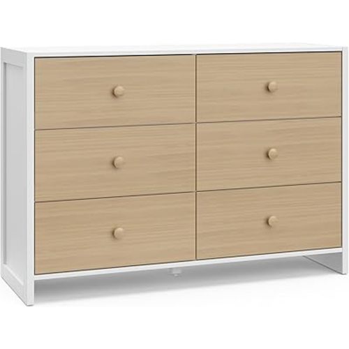 Storkcraft Calabasas 6 Drawer Dresser (White with Driftwood) - GREENGUARD Gold Certified, 6 Drawer Dresser with Interlocking Drawer System, Dresser Drawer Organizer for Kids' Bedroom