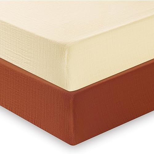 david's kids Muslin Crib Sheets for Boys Girls, 2 Pack 100% Cotton Soft Breathable Fitted Baby Sheet Set, 28x52 Inch Fits Standard Crib and Toddler Mattresses, Beige & Brown