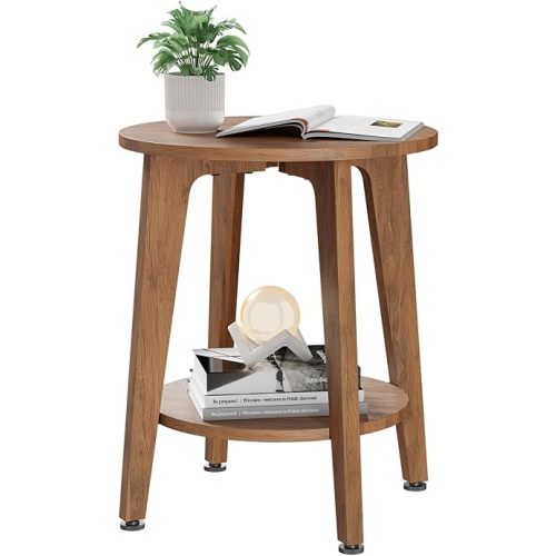 Simple Trending Round Side Table, Small End Table, Nightstand Bedside Table with Tapered Legs, for Living Room, Rustic Walnut