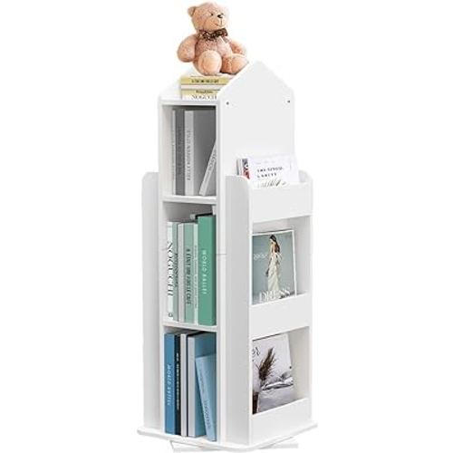 MYOYAY Rotating House Bookshelf 360° Rotating Kid's Bookcase 3 Tier Floor Standing Bookcase Wooden Children's Book Shelf for Home, White