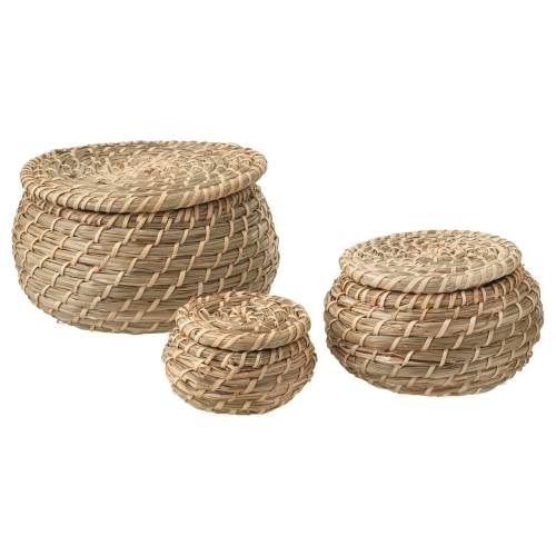FRYKEN Box with lid, set of 3 - seagrass
