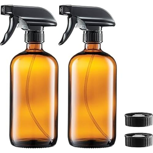 Paksh Novelty Glass Spray Bottles Amber 2 Pack 16 Oz Refillable Container with Durable Leakproof Trigger Sprayer with Mist/Stream/Lock for Hair, Cleaning Products, Essential Oils, Aromatherapy, Water