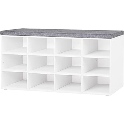 DINZI LVJ Shoe Storage Bench with Cushion, Cubby Shoe Rack with 12 Cubbies, Adjustable Shelves, Multifunctional Shoe Organizer Bench for Entryway, Mudroom, Hallway, Closet and Garage, White
