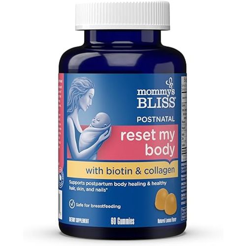 Mommy's Bliss Postnatal Support Reset My Body Gummies with Biotin & Collagen, Supports Postpartum Energy, Healing & Joint Health + Hair, Skin & Nails Health, Gluten Free, 60 Gummies (30 Servings)