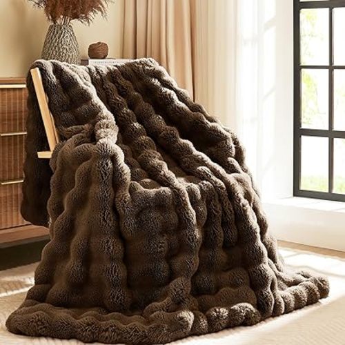 L'AGRATY Faux Rabbit Fur Blanket: 50" x 60" Luxury Soft Fluffy Thick Fur Throw Blanket for Couch Bed Sofa - Cozy Plush Bubble Blankets for Winter: Warm Flannel Fleece Decorative Blanket(Cocoa Brown)