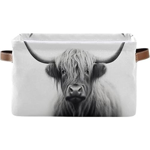 xigua Scottish Highland Cow Print Storage Bin Collapsible Canvas Storage Basket Closet Organizer with Handles for Bedroom Nursery Shelves Laundry Room, 1 Pack