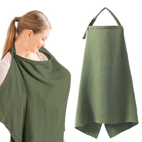 Muslin Nursing Cover for Breastfeeding, Soft&Breathable Cotton Privacy Nursing Covers with Arch Neckline Adjustable Hoop (Olive)