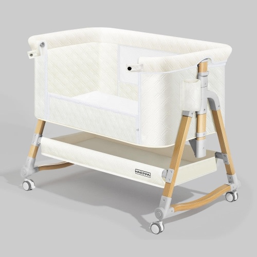 HARPPA Cuddly 3-in-1 Baby Bassinet Bedside Sleeper for Reflux | Attaches to Bed, Adjustable 5 Heights, Non-Toxic & CPSC Certified | Sturdy Aluminum Frame, Portable Wheels, Tool-Free Setup, Gentle Rocking | Perfect for Newborns, Infants, Small Spaces & Saf