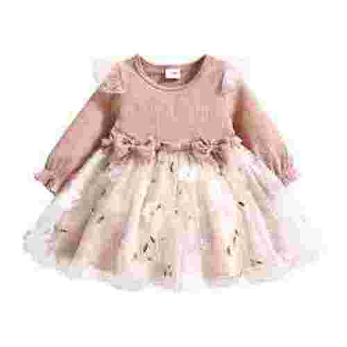 PatPat Baby Girl Pink Mesh Dress Set,Ribbed Long Sleeve Splicing Floral Appliques Princess Dress Pageant Party Birthday Wedding Flower Girl Dress,0-3T