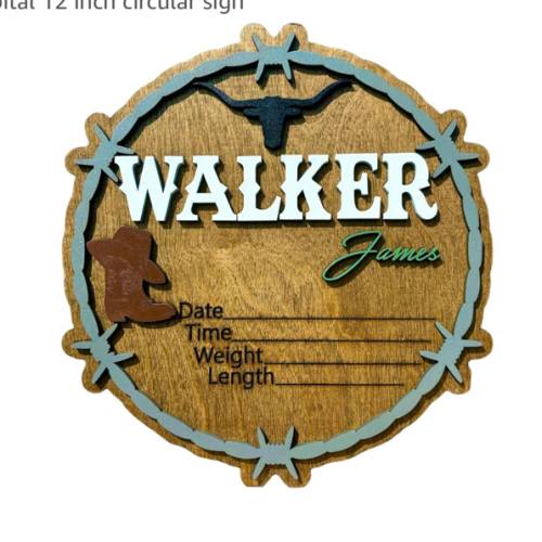 baby announcement decor for newborn western style rustic farmhouse round name sign with birth stats keepsakes sign for hospital 12 inch circular sign