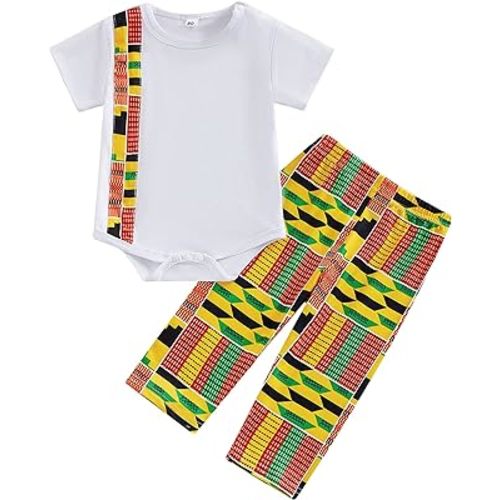 Mubineo Toddler Baby Girl Boy 2pcs African Print Outfits Kente Dashiki Clothes T Shirts Pant Sets