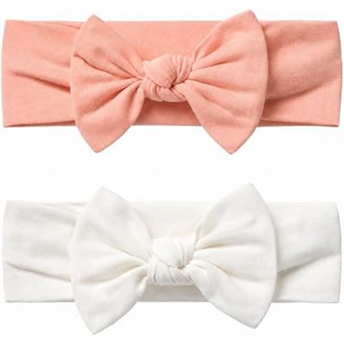 Baby Girl Headbands-Infant,Toddler Cotton Handmade Hairbands with Bows Child Hair Accessories (2, Soft White- Soft Peach, 3-36 Month)