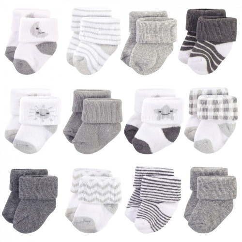 Hudson Baby Infant Unisex Cotton Rich Newborn and Terry Socks, Moon, 0-3 Months