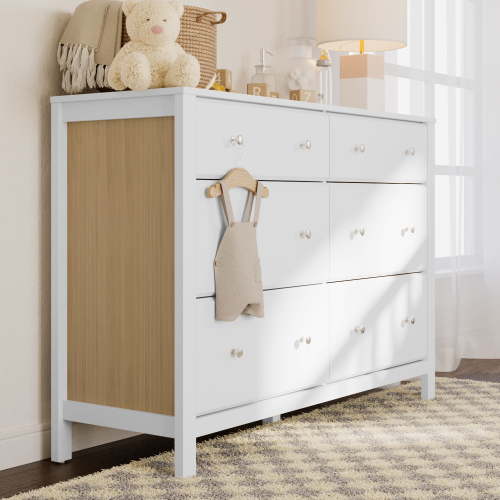 Storkcraft Horizon 6 Drawer Nursery Double Dresser, White with Driftwood