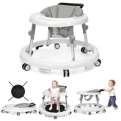 Wismind Baby Walker Foldable with 9 Adjustable Heights, Baby Walkers and Activity Center for Boys Girls Babies 7-18 Months, Baby Walker and Bouncer Combo with Wheels Portable Anti-Rollover