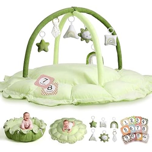 5-in-1 Thick & Plush Baby Play Gym, Baby Play Mats for Floor, Tummy Time Mat with 6 Toys, Convertible Stage-Based Developmental from Babies to Toddlers, Ball Pit, Green
