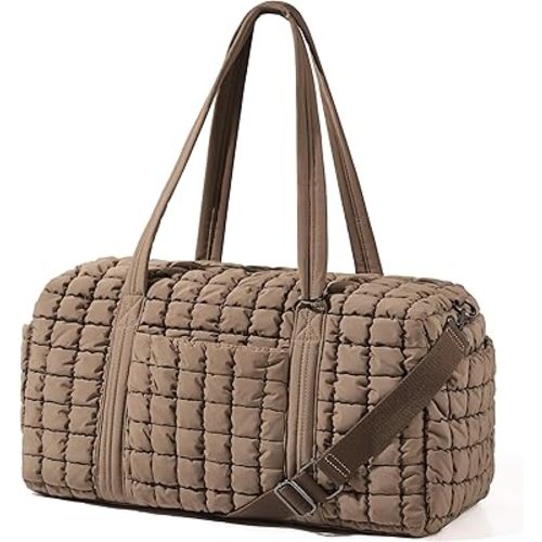 Quilted Travel Duffle Bag for Women Weekender Bag Large Puffer Overnight Bags Soft Puffy Duffel Bag Carry on Gym Bag Lightweight Personal Item Travel Bag for Trips Business Sport Airplane (Khaki)