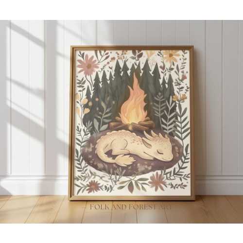 Cozy Baby Dragon Campfire Art Print – Whimsical Nursery Wall Art, Forest Dragon Printable, Cottagecore Fantasy Animal Decor