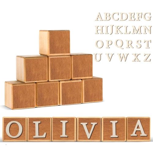 Kigley 8 Pcs Custom Wooden Name Sign 8 Letter Baby Blocks and 78 Wooden Letter Nursery Name Wooden Cubes Baby Wooden Blocks for Nursery Montessori Baby Shower Name Alphabet Wood Signs (Wood)