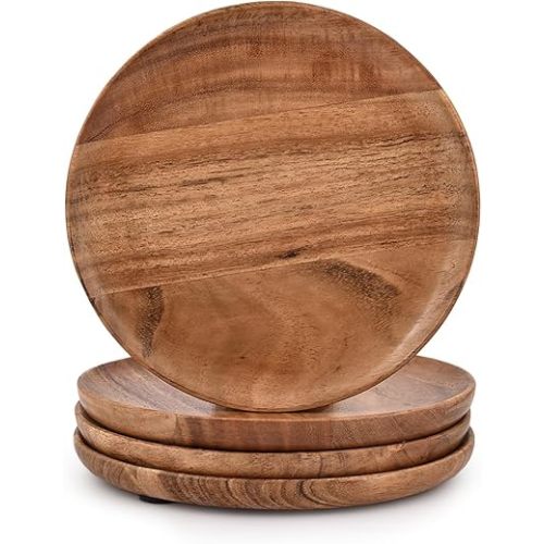 Samhita Acacia Wood Round Wood Plates Set of 4, Easy Cleaning & Lightweight for Dishes Snack, Dessert.(7" x 7" x 1")