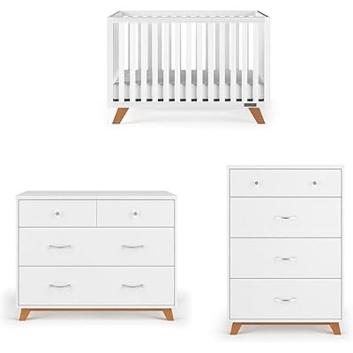 Child Craft SOHO Crib, 3-Drawer Dresser Nursery Set, Chest, 3-Piece, Includes 4-in-1 Convertible Crib, Dresser, Chest (White/Natural)