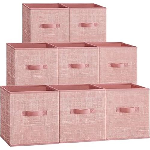 SONGMICS Storage Cubes, 10.2 x 10.2 x 11 Inches Non-Woven Fabric Bins with Double Handles, Set of 8, Closet Organizers for Shelves, Foldable, for Clothes, Jelly Pink UROB826R01