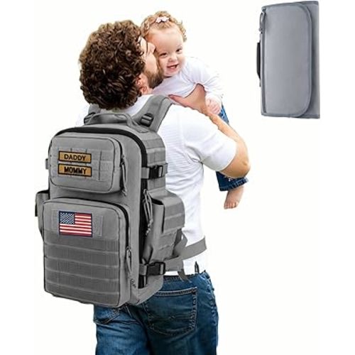 SHARKMOUTH Baby Diaper Bag for Dad - Large Military Daddy Gear Backpack with Changing Pad for Travel Camping Hiking - Newborn Baby Shower Gifts Gray