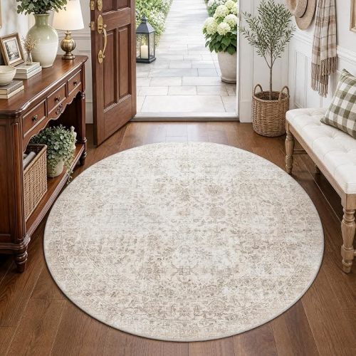 FMFUNCTEX 5ft Round Washable Beige Neutral Vintage Area Rug