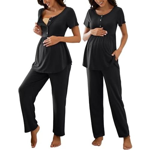 JiniGolla Women's Maternity Nursing Pajama Set Breastfeeding Loungewear Mama Clothes Short Sleeve Top & Pants Pregnancy PJS