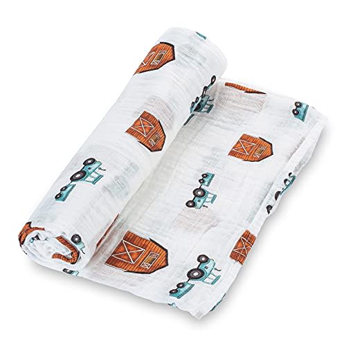 LollyBanks Swaddle Blanket, 100% Cotton Muslin Swaddle Blankets for Boys and Girls, Large 47 x 47 Inches Newborn Swaddles, Soft and Breathable Baby Blanket, Baby Essentials, Registry (Barn Print)