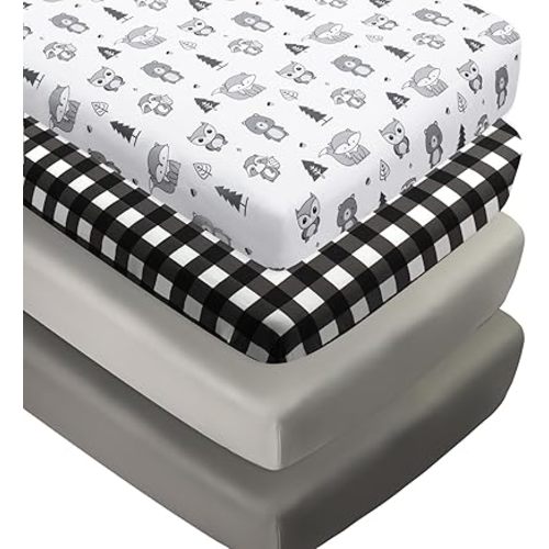 4 Pack Woodland Forest Animals Wood Neutral Unisex Fitted Baby Crib Sheets Set for Baby Boys or Girls Black and White