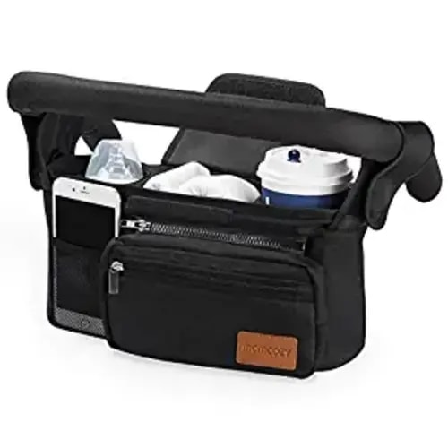 Momcozy Universal Stroller Organizer with Insulated Cup Holder Detachable Phone Bag & Shoulder Strap, Fits for Stroller like Uppababy, Baby Jogger, Britax, BOB, Umbrella and Pet Stroller - Black