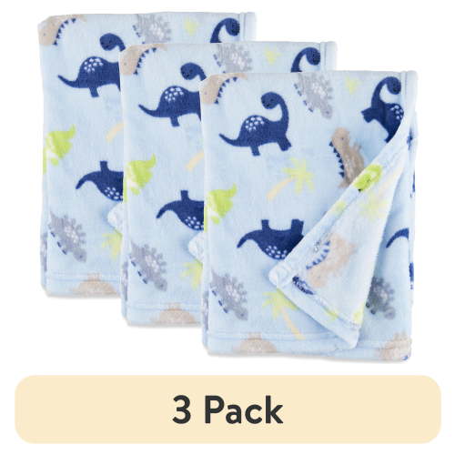 (3 pack) Parents Choice Plush Baby Blanket, Blue Dinosaur, 30 in x 36 in