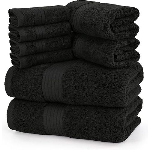 Utopia Towels 8 Piece Premium Towel Set, 2 Bath, 2 Hand, and 4 Washcloths, 100% Ring Spun Cotton, Highly Absorbent Towels for Bathroom, Sports, and Hotel, Black