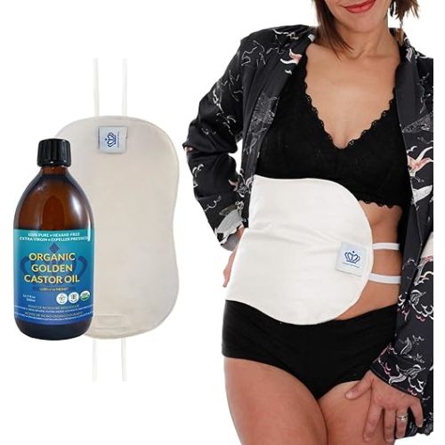 QUEEN OF THE THRONES Castor Oil Pack for Liver Kit - Heatless, Less-Mess, Reusable - Organic Cotton Flannel, Comfort Fit, Soft Straps & Naturopathic Doctor Designed (16.9 oz Castor Oil Included)